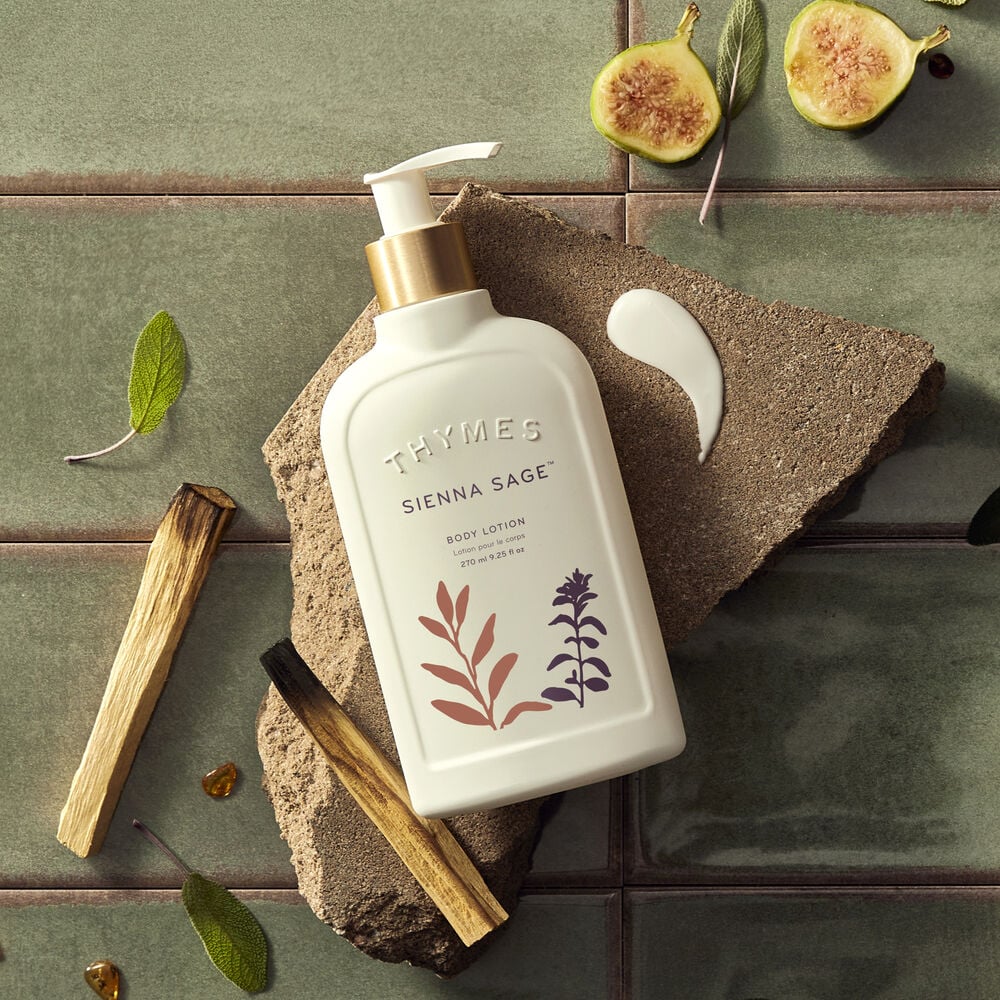 Thymes Sienna Sage Body Lotion with incense and flowers image number 2